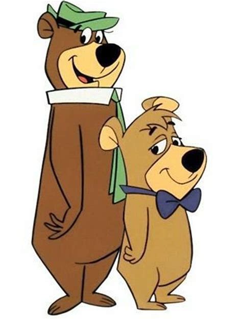 Two Cartoon Bears Standing Next To Each Other With One Bear Wearing A