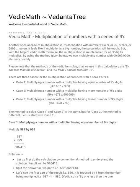 Vedic Math Multiplication Of Numbers With A Series Of 9s Pdf