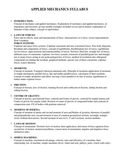 Applied Mechanics Syllabus Pdf Force Center Of Mass