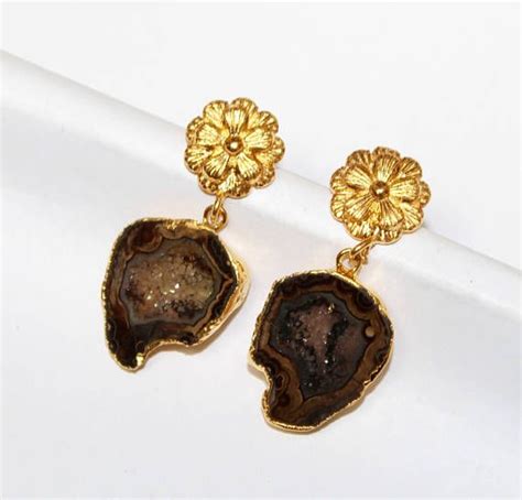 24kt Gold Electroplated Black Druzy Geode Earrings