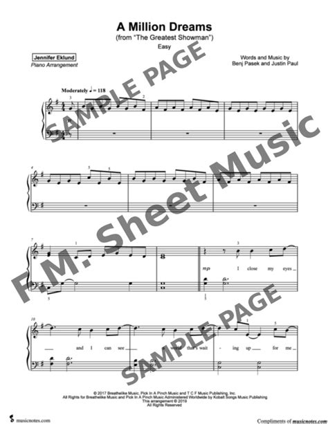 A Million Dreams Easy Piano By The Greatest Showman Fm Sheet