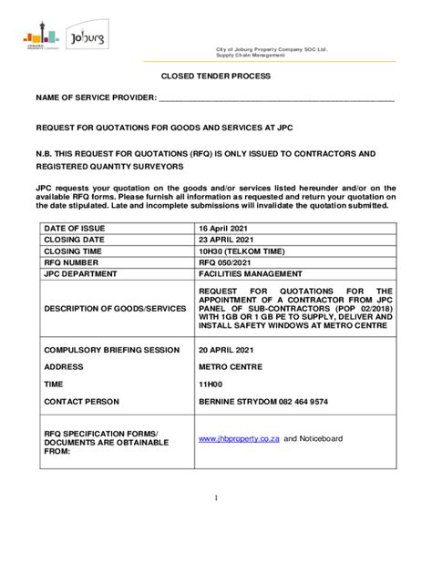 Fillable Online Jhbproperty Co This Request For Quotations Rfq Is