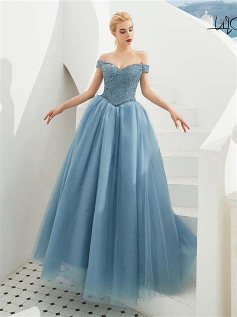 A Linie Ballkleid Abiballkleid Lang Hellblau T Ll Perlen Carmen Ausschnitt