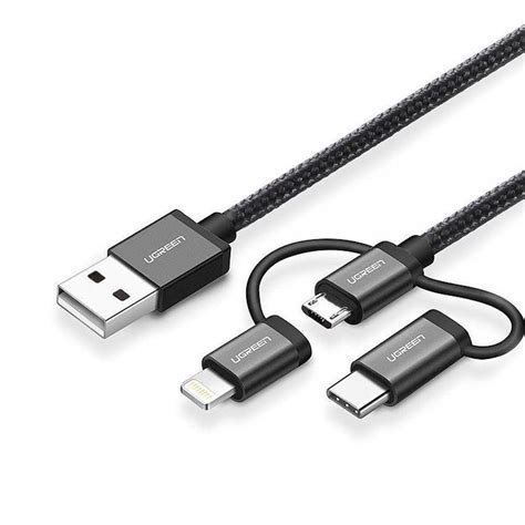 Ugreen In Usb A To Micro Usb Lightning Type C Black Braided Cable