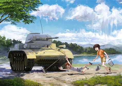 Brown Eyes Brown Hair Clouds Combat Vehicle Girls Und Panzer Grass