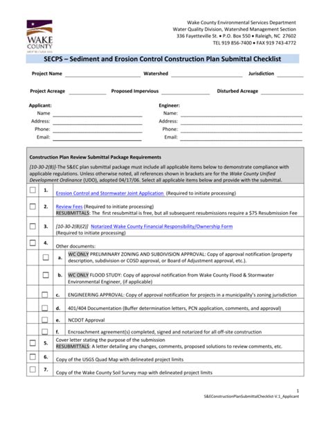 Sediment And Erosion Control Construction Plan Submittal Checklist