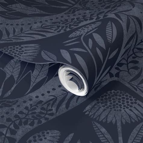 Artichoke And Daisy Ogee In Navy Wallpaper Spoonflower Navy