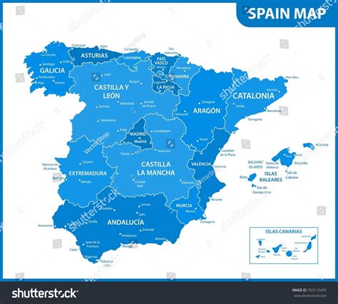 Detailed Map Spain Regions States Cities Stock Vector (Royalty Free ...