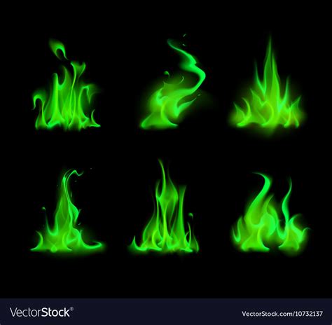 Set Of Green Fire Flame Bonfire On Background Vector Image