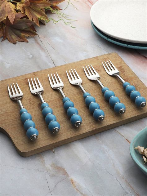 Vareesha Regal Sky Blue Beads Stainless Steel Forks Set Of Six