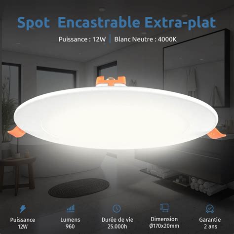 Lot De 5 Spots Led Encastrables Extra Plats 12w Blanc Neutre 4500k