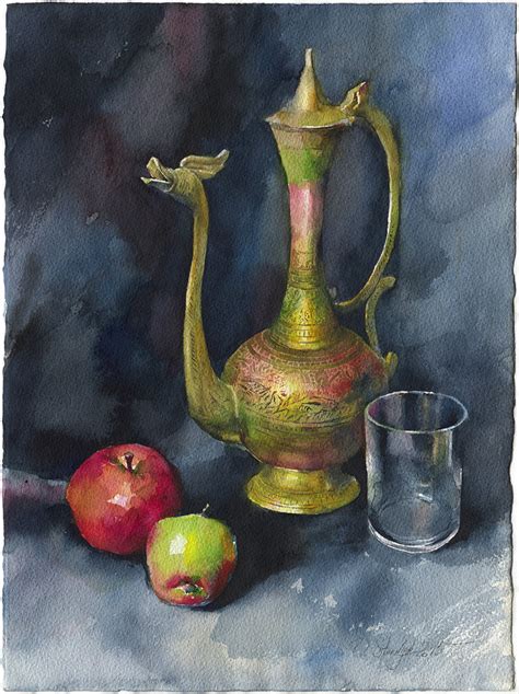 Still Life Original Watercolor Painting Or Art Print Vintage Brass