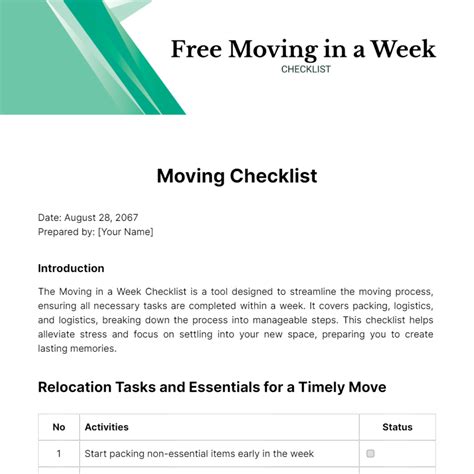 Free Moving In A Week Checklist Template Edit Online And Download