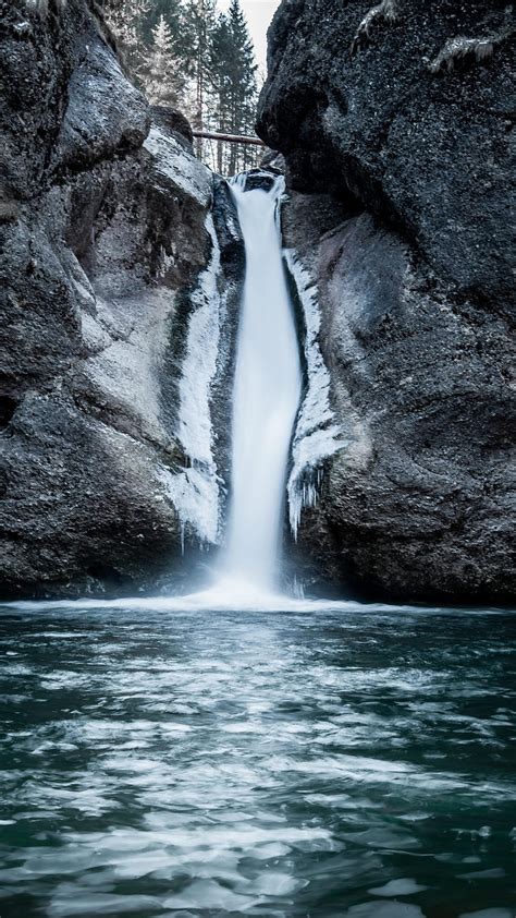 Nature Water Ice Rock Waterfall Break Precipice Hd Phone