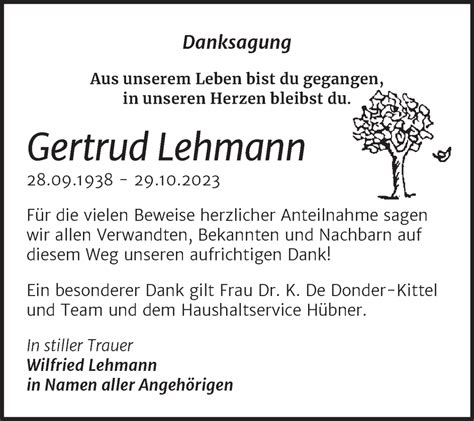 Traueranzeigen Von Gertrud Lehmann Abschied Nehmen De