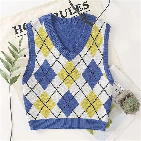 Yellow White Cropped Argyle Sweater Vest Blue Plaid Preppy Etsy