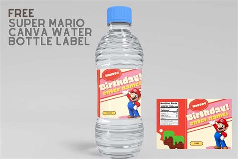 Free Super Mario Canva Birthday Water Bottle Label