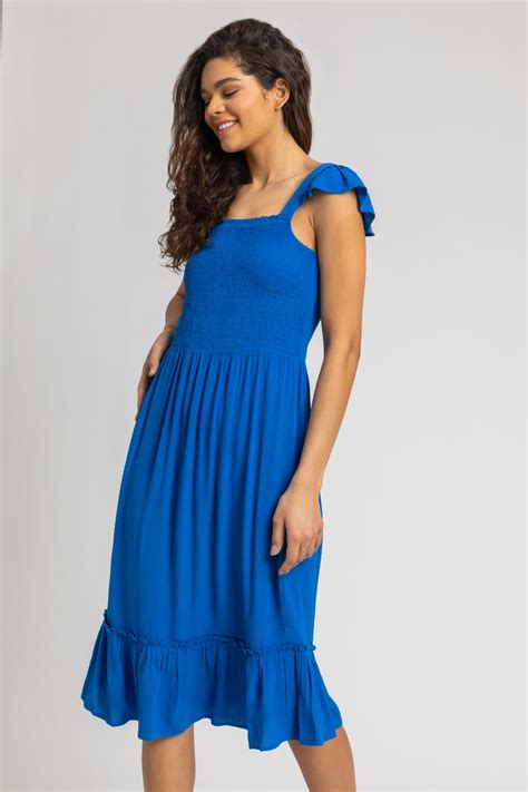 Shirred Bodice Frill Detail Midi Dress In Royal Blue Roman Originals Uk