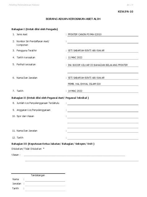 Borang Aduan Kerosakan Printer Pdf