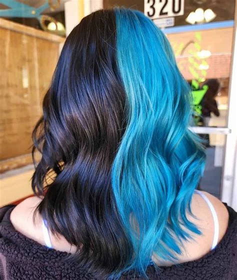 22 Half Blue Half Black Hair Ideas To Try In 2022 Split Dyed Hair