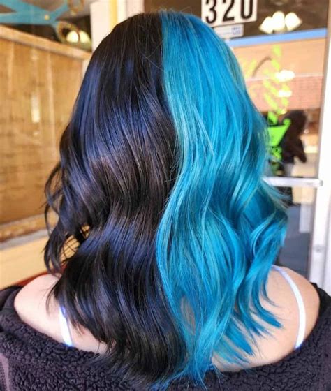 22 Half Blue Half Black Hair Ideas To Try In 2022 Split Dyed Hair Tie Dye Hair Split Hair