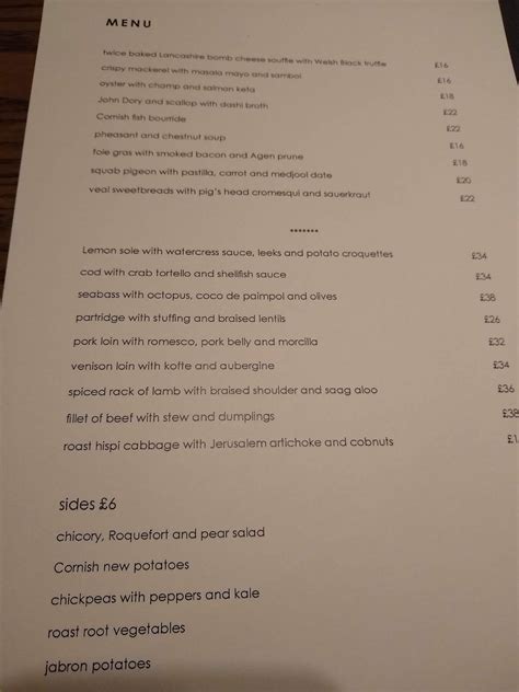 Menu at The Walnut Tree restaurant, Abergavenny