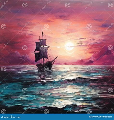 Romantic Sunset Ship Sailing Oil Painting on Canvas Stock Illustration ...