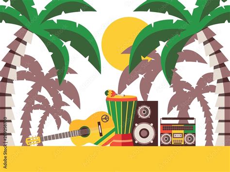 Reggae music beach party, vector illustration. Musical instruments on ...