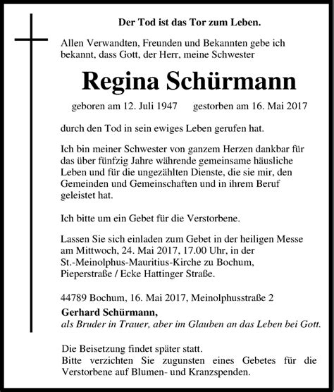 Traueranzeigen von Regina Schürmann Trauer in NRW de