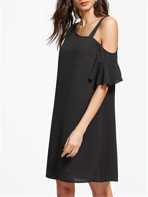 Black Asymmetric Cold Shoulder Ruffle Sleeve Dress Shein Sheinside