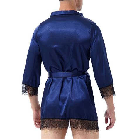 Man Silk Satin Kimono Robe Pajamas Gay Male Sissy Exotic Cross Dressing Lace Trim Sleepwear
