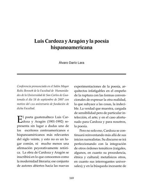 Pdf Luis Cardoza Y Arag N Y La Poes A Hispanoamericanari Ues Edu Sv