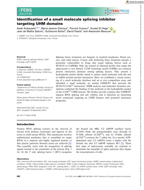 Pdf Identification Of A Small Molecule Splicing Inhibitor Targeting