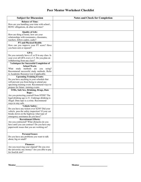 Peer Mentor Worksheet Checklist