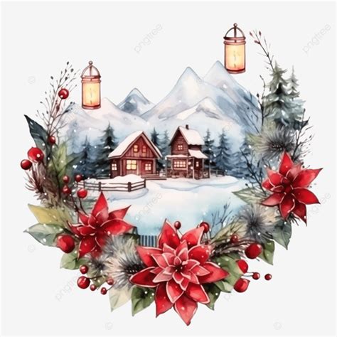 Christmas Wreath Houses Mountains Lantern Png Transparent Image And