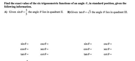 Solved Find The Exact Value Of The Six Trigonometric Functions Of An Angle Course Hero