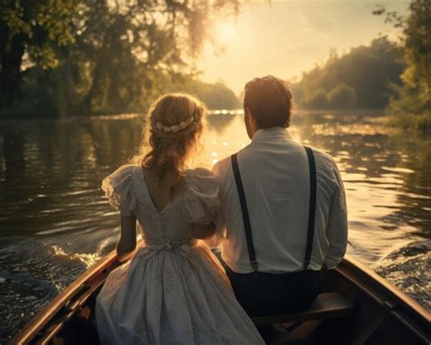 A Couple Dressed In Victorian Era Clothing Enjoys A Romantic Rowing