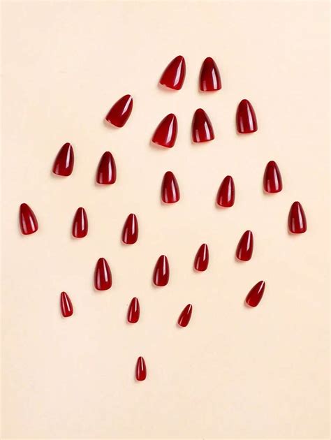 24pcs Short Almond Shape Solid Burgundy Color False Nails With 1pc Nail File And 1pc Jelly Gel