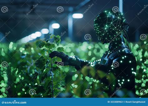 Futuristic Ai Robot Tending To Plants In A Modern Greenhouse With