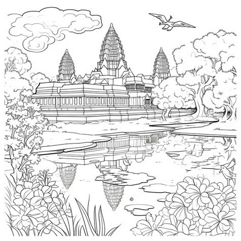 Premium AI Image Floral Fantasia Cartoon Coloring At Angkor Wat