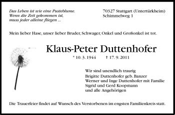 Traueranzeigen Von Klaus Peter Duttenhofer Stuttgart Gedenkt De