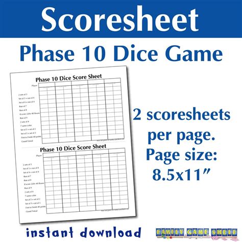 Printable Phase 10 Dice Game Score Sheet - Etsy