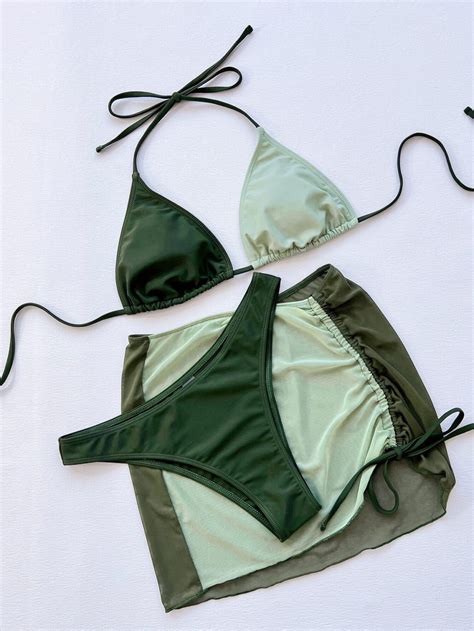 Patchwork Three Pieces Halter Drawstring Triangle Bikini Set Power Day Sale