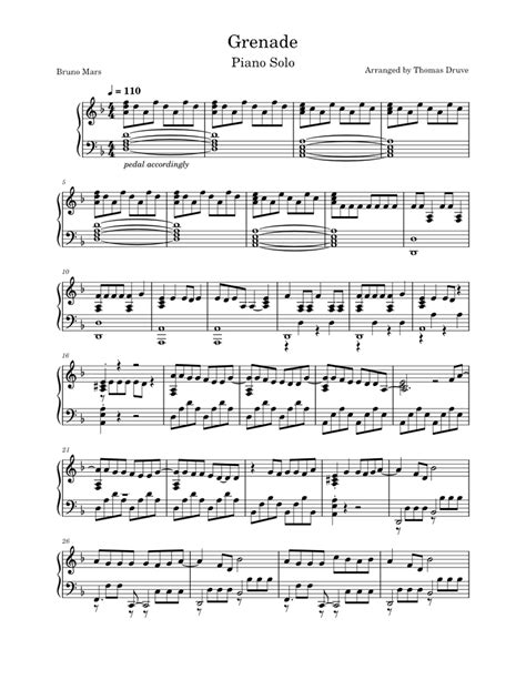 Grenade Bruno Mars Sheet Music For Piano Solo