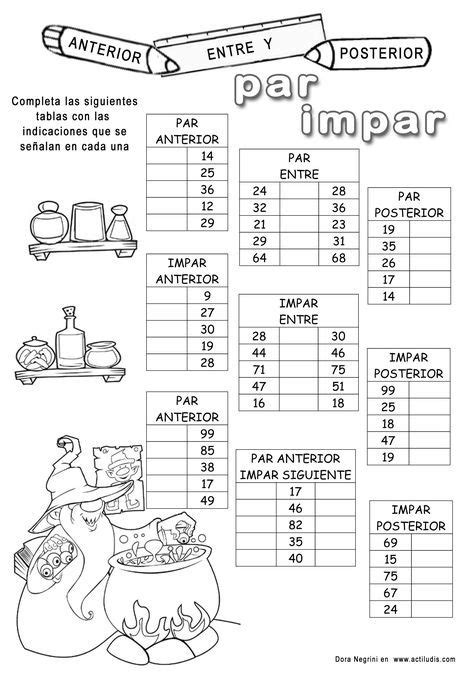 Ficha para trabajar en varias tablas los números anterior entre y