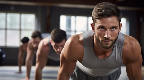 Hombre Fuerte Con El Pecho Desnudo Hace Flexiones En El Gimnasio