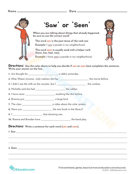 Saw Or Seen Worksheet