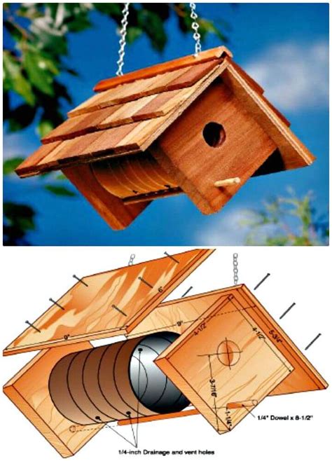 A Wooden Birdhouse Hanging From A Chain With Instructions On How To Build The Birdhouse