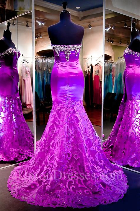 Beautiful Mermaid Strapless Purple Satin Lace Prom Dress