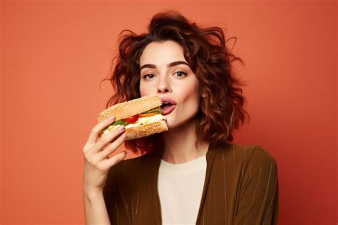 Premium Photo The Excited Young Woman Savoring A Delectable Sandwich